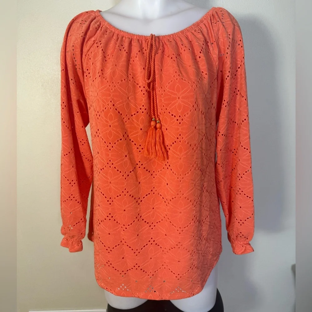 Rafaella Top Eyelet Peasant Blouse M 3/4 Sleeve Tie Front NWT Orange Boho Medium - Picture 2 of 9